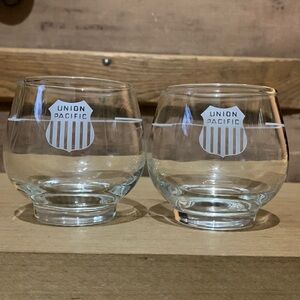 Union Pacific small liquor clear glass glasses. Set of 2. Good vintage condition